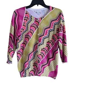 Joesph A. Pink & Green Abstract Print Button Front Cardigan Sweater Size Medium